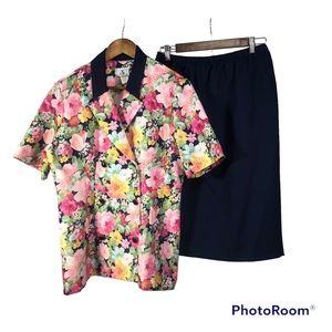Vintage CB Two Piece Spring Floral Top and Navy Skirt Size 12, Made in USA